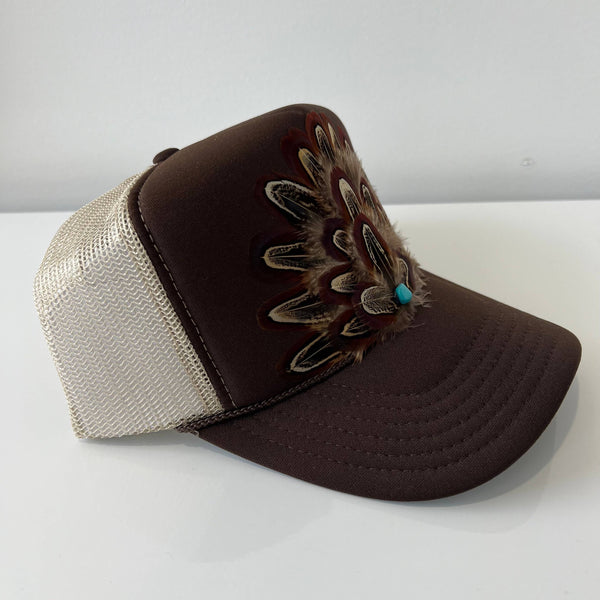 FEATHER Trucker Hat Two Tone Turquoise Stone Brown & Khaki