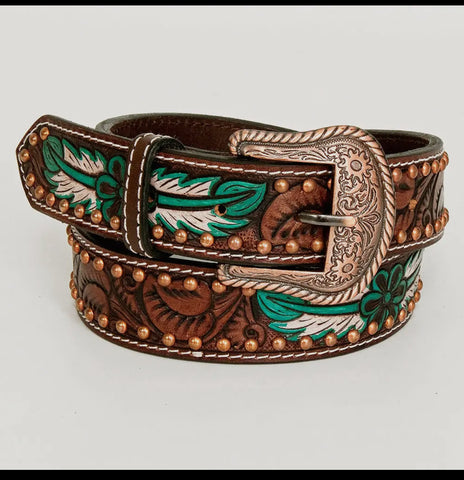 Lacey Feather Leather Tooled Belt