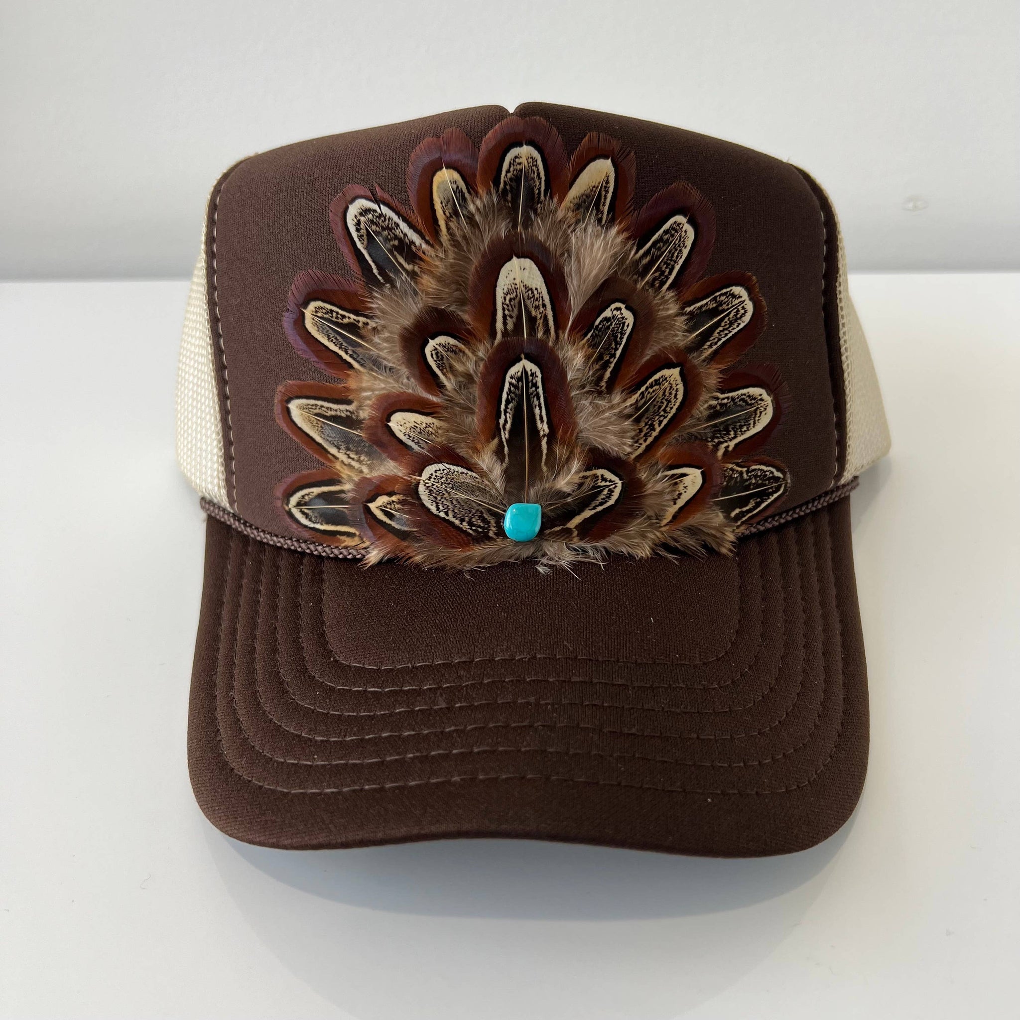 FEATHER Trucker Hat Two Tone Turquoise Stone Brown & Khaki